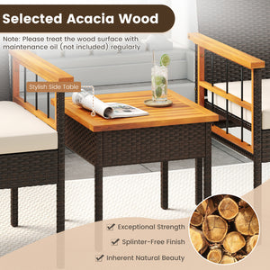 3 Piece Wicker Furniture Set with Acacia Wood Tabletop and Armrest for Balcony-White