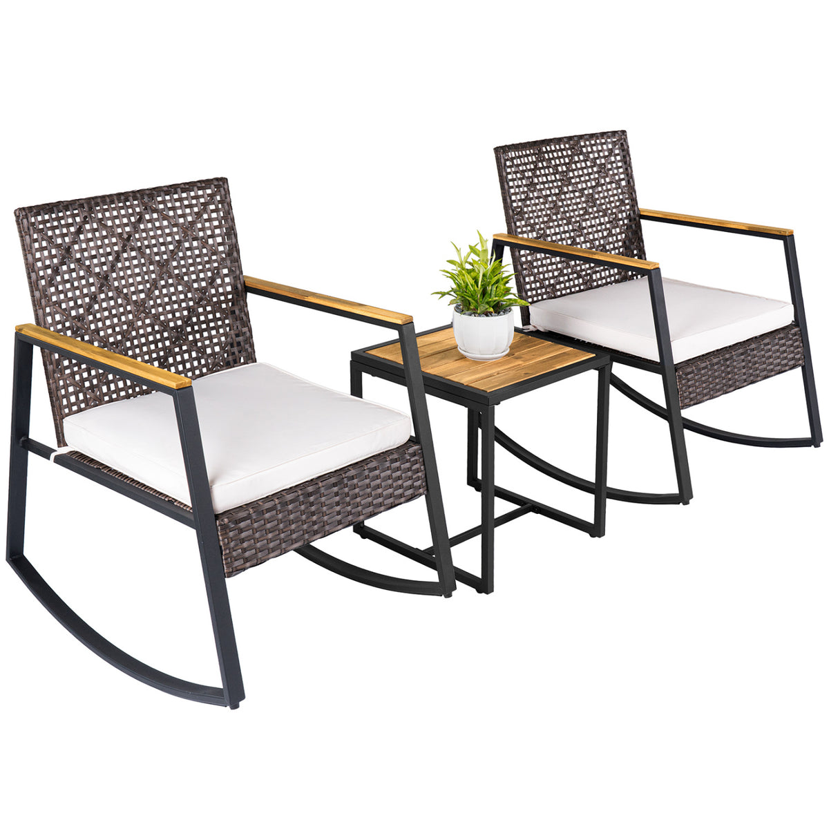 3-Piece Wicker Rocking Chair Set with Coffee Table and Cushions for Porch-Beige