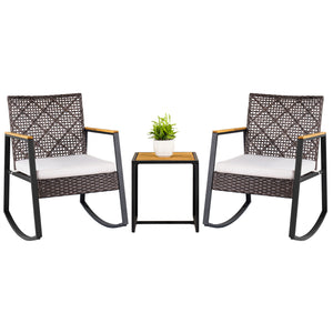 3-Piece Wicker Rocking Chair Set with Coffee Table and Cushions for Porch-Beige