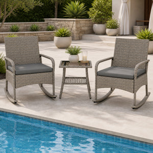 3-Piece Wicker Rocking Bistro Set with Cushions for Garden Backyard Porch-Gray