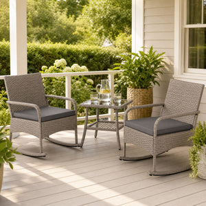 3-Piece Wicker Rocking Bistro Set with Cushions for Garden Backyard Porch-Gray