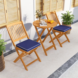 3 Pieces Acacia Wood Patio Folding Bistro Set with Soft Cushions-Navy