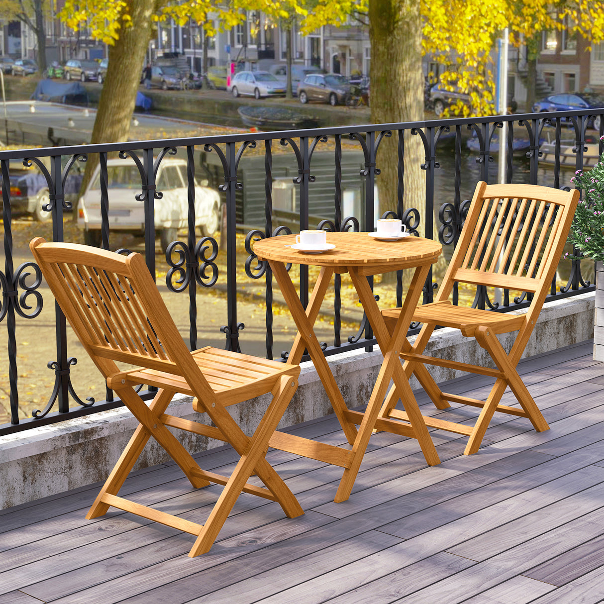 3 Pieces Acacia Wood Patio Folding Bistro Set with Soft Cushions-Navy