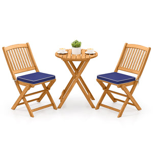 3 Pieces Acacia Wood Patio Folding Bistro Set with Soft Cushions-Navy
