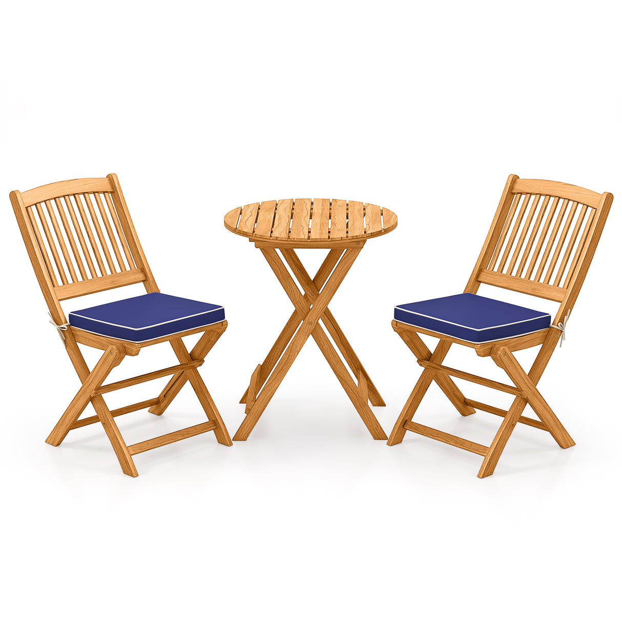 3 Pieces Acacia Wood Patio Folding Bistro Set with Soft Cushions-Navy
