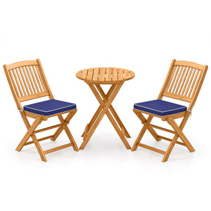 3 Pieces Acacia Wood Patio Folding Bistro Set with Soft Cushions-Navy