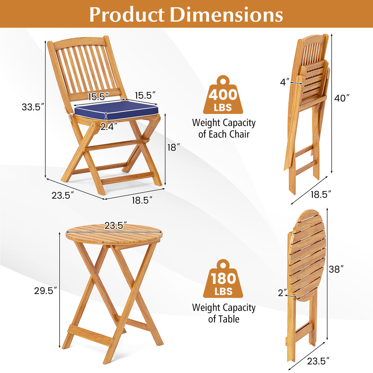 3 Pieces Acacia Wood Patio Folding Bistro Set with Soft Cushions-Navy