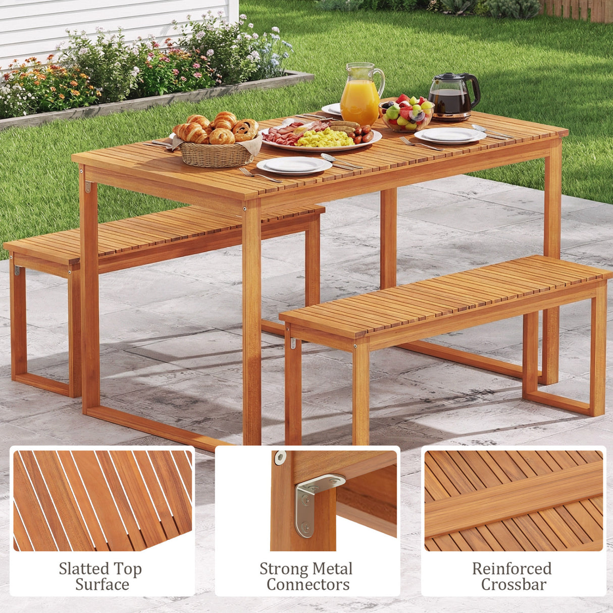 3 Pieces Acacia Wood Picnic Set with Outdoor Dining Table and 2 Benches for 4 People