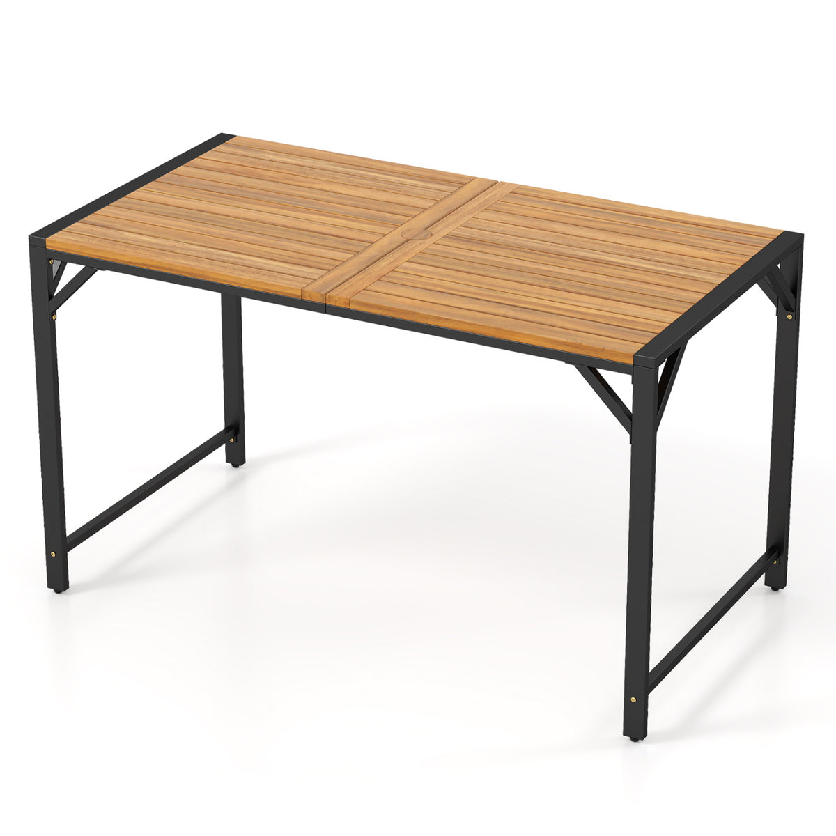 51" Acacia Wood Dining Table with Umbrella Hole & Metal Support for Garden