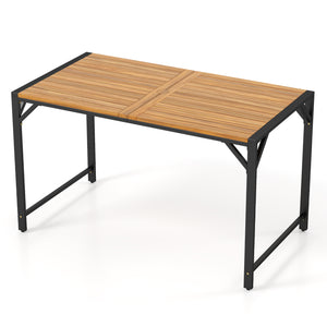 51" Acacia Wood Dining Table with Umbrella Hole & Metal Support for Garden