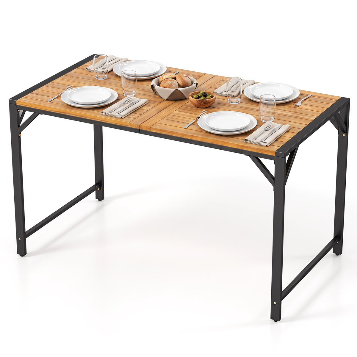 51" Acacia Wood Dining Table with Umbrella Hole & Metal Support for Garden