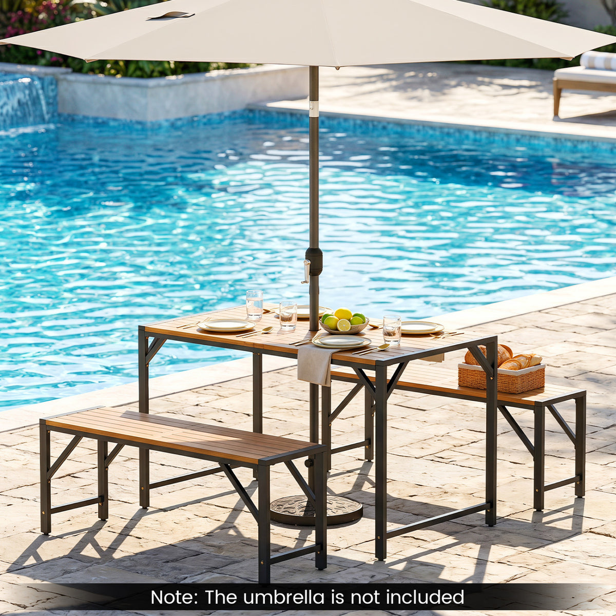 51" Acacia Wood Dining Table with Umbrella Hole & Metal Support for Garden