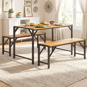 51" Acacia Wood Dining Table with Umbrella Hole & Metal Support for Garden