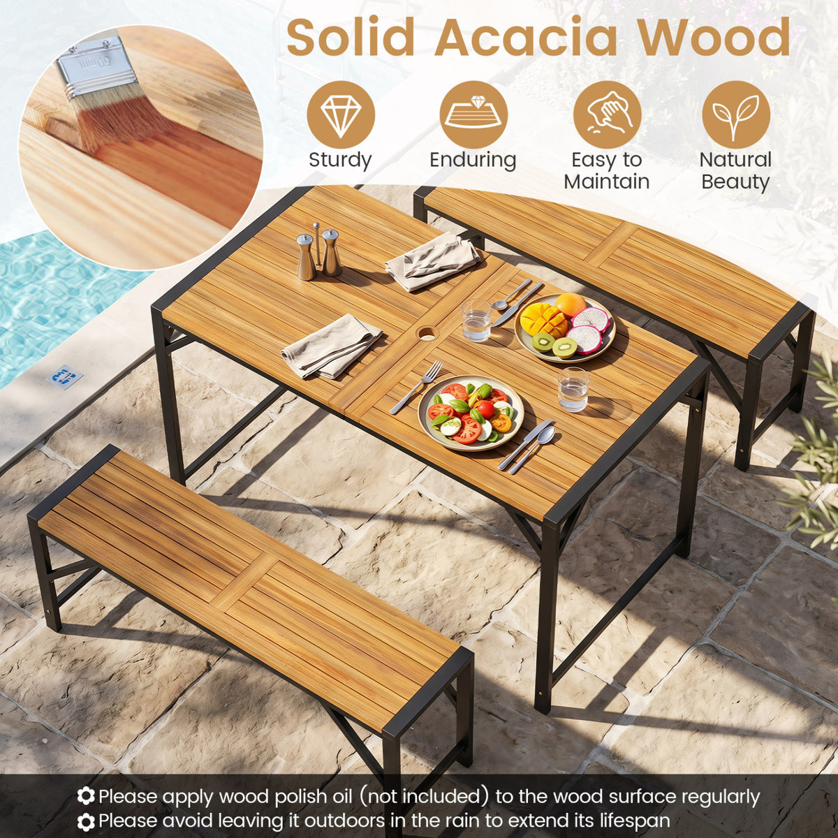 51" Acacia Wood Dining Table with Umbrella Hole & Metal Support for Garden