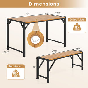 51" Acacia Wood Dining Table with Umbrella Hole & Metal Support for Garden