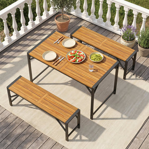 Set of 2 Acacia Wood Outdoor Bench 47.5" with Slatted Seat for Backyard