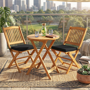 3 Pieces Acacia Wood Patio Folding Bistro Set with Soft Cushions-Black