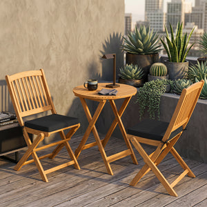 3 Pieces Acacia Wood Patio Folding Bistro Set with Soft Cushions-Black