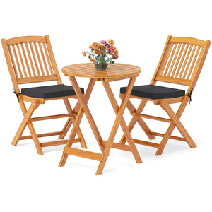 3 Pieces Acacia Wood Patio Folding Bistro Set with Soft Cushions-Black