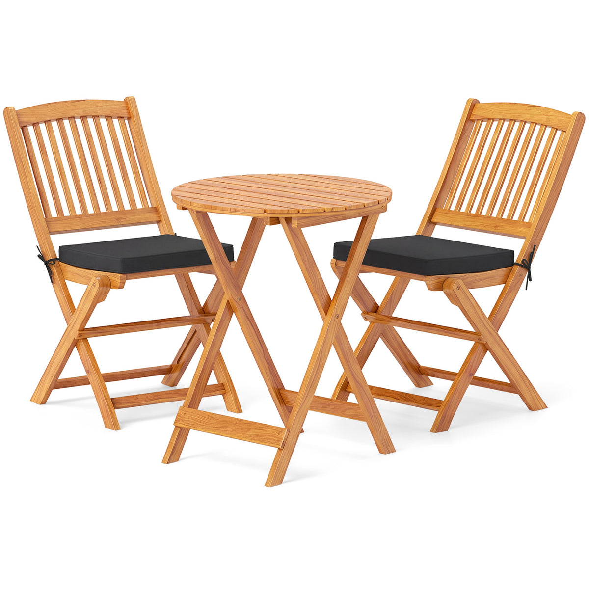 3 Pieces Acacia Wood Patio Folding Bistro Set with Soft Cushions-Black