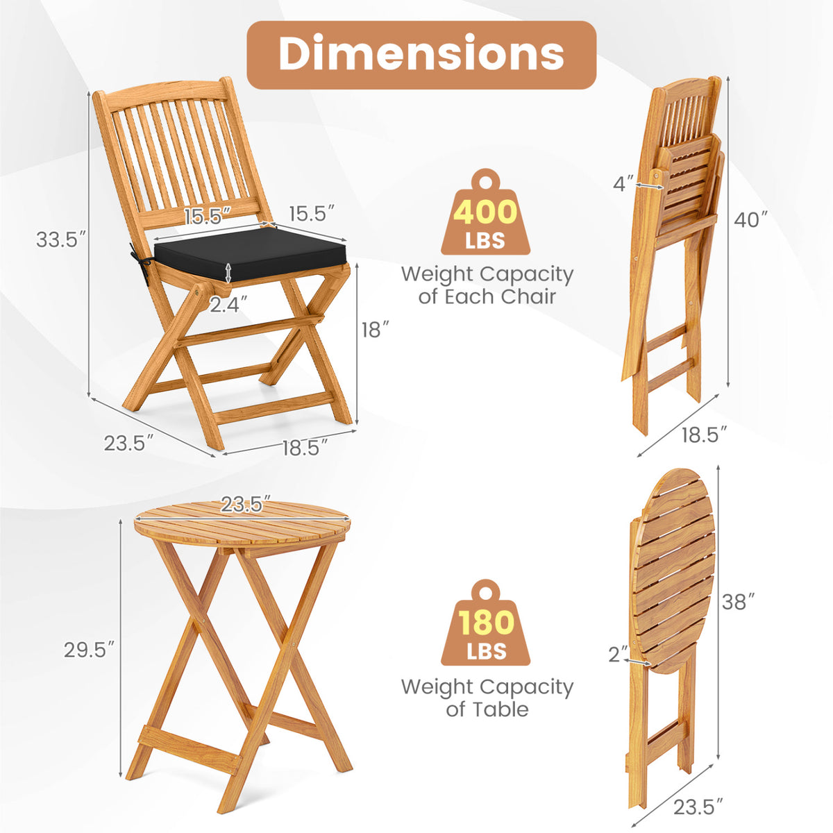 3 Pieces Acacia Wood Patio Folding Bistro Set with Soft Cushions-Black