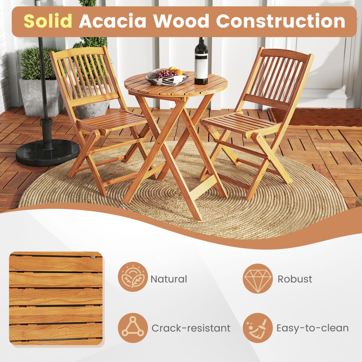 3 Pieces Acacia Wood Patio Folding Bistro Set with Soft Cushions-Black