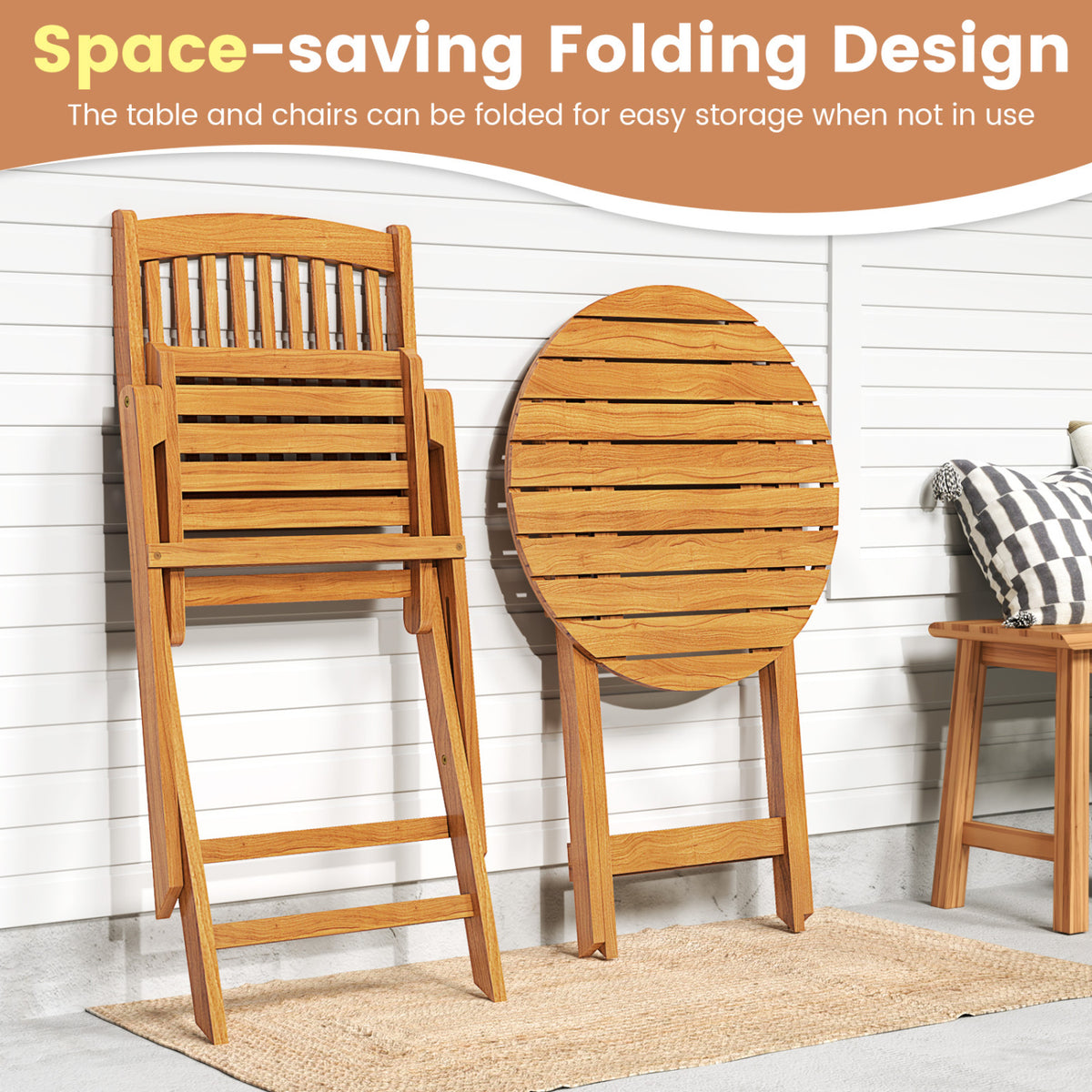 3 Pieces Acacia Wood Patio Folding Bistro Set with Soft Cushions-Black