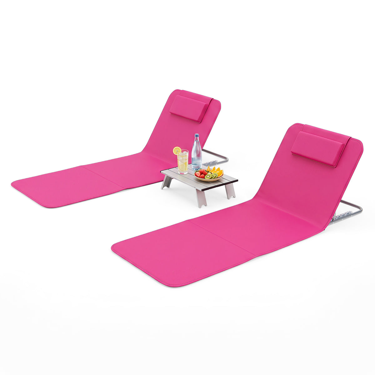 3 Pieces Beach Lounge Chair Mat Set 2 Adjustable Lounge Chairs with Table Stripe-Pink