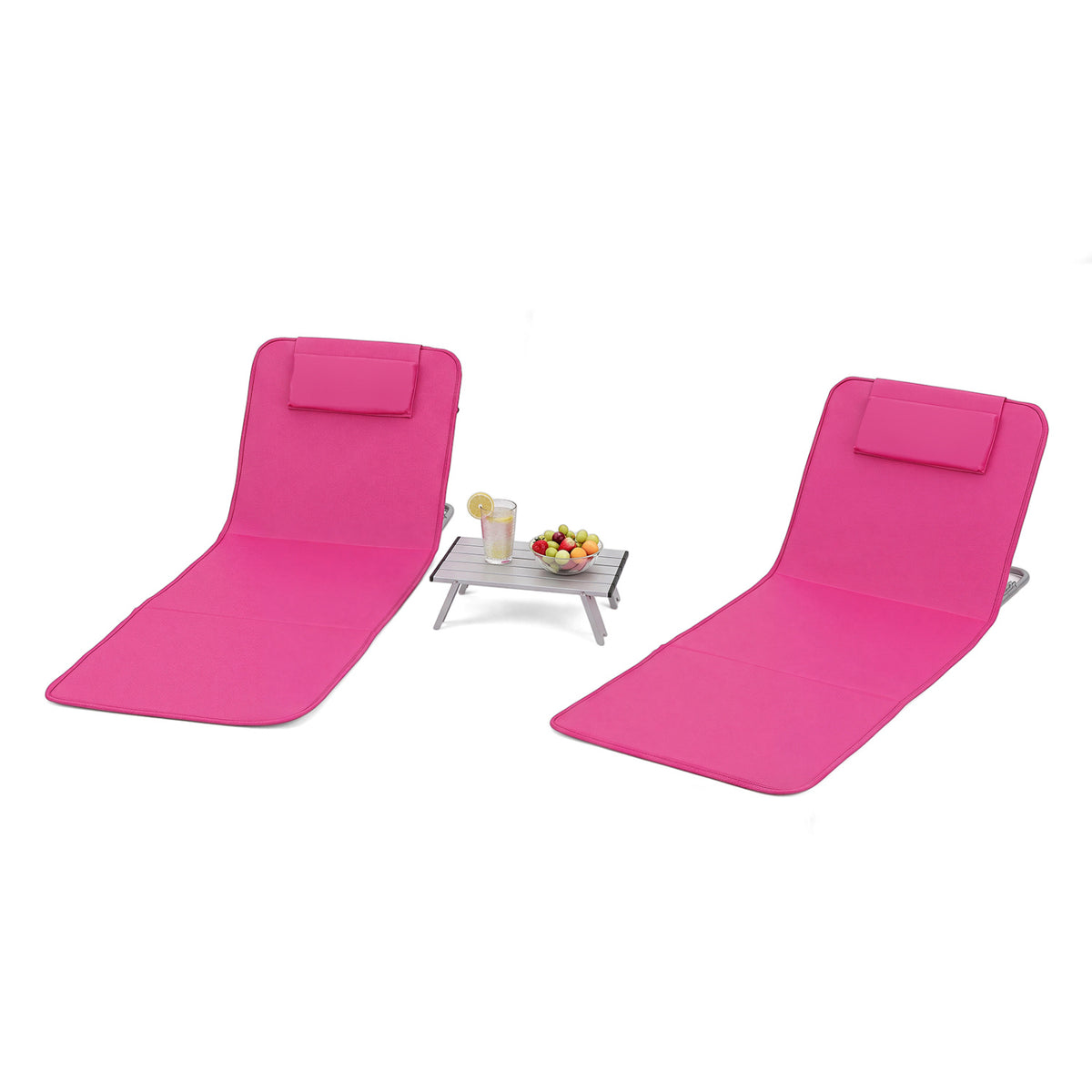 3 Pieces Beach Lounge Chair Mat Set 2 Adjustable Lounge Chairs with Table Stripe-Pink