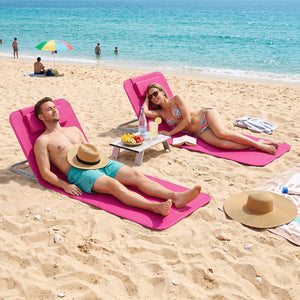 3 Pieces Beach Lounge Chair Mat Set 2 Adjustable Lounge Chairs with Table Stripe-Pink