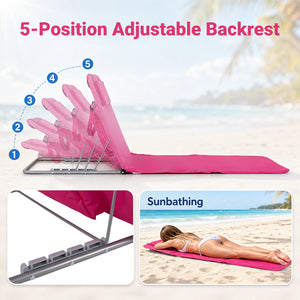 3 Pieces Beach Lounge Chair Mat Set 2 Adjustable Lounge Chairs with Table Stripe-Pink
