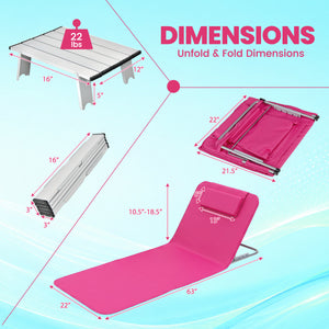 3 Pieces Beach Lounge Chair Mat Set 2 Adjustable Lounge Chairs with Table Stripe-Pink