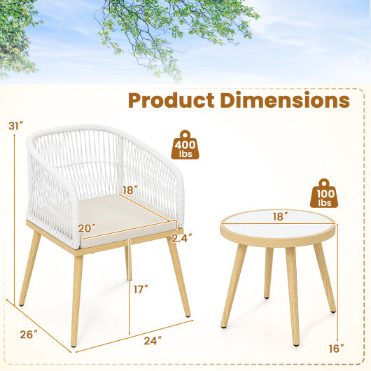 3 Pieces Outdoor Bistro PE Wicker Conversation Furniture Set-White