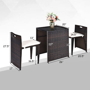 3 Pieces Cushioned Wicker Patio Bistro Set with No Assembly Needed