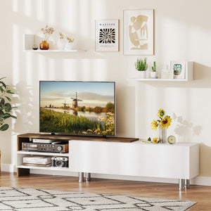 3 Pieces Farmhouse TV Stand for TVs up to 80 Inch with Cabinet and Compartments-White