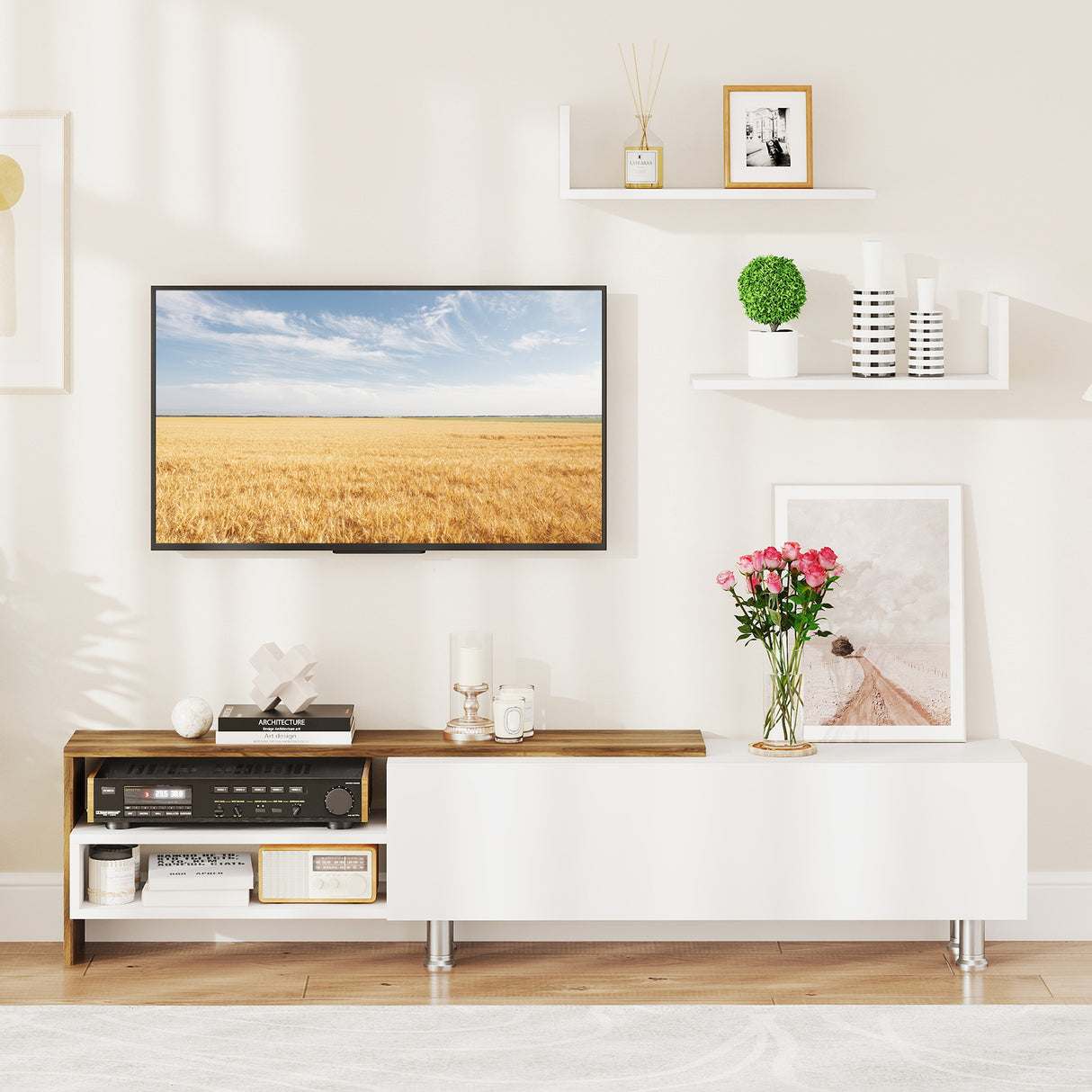 3 Pieces Farmhouse TV Stand for TVs up to 80 Inch with Cabinet and Compartments-White