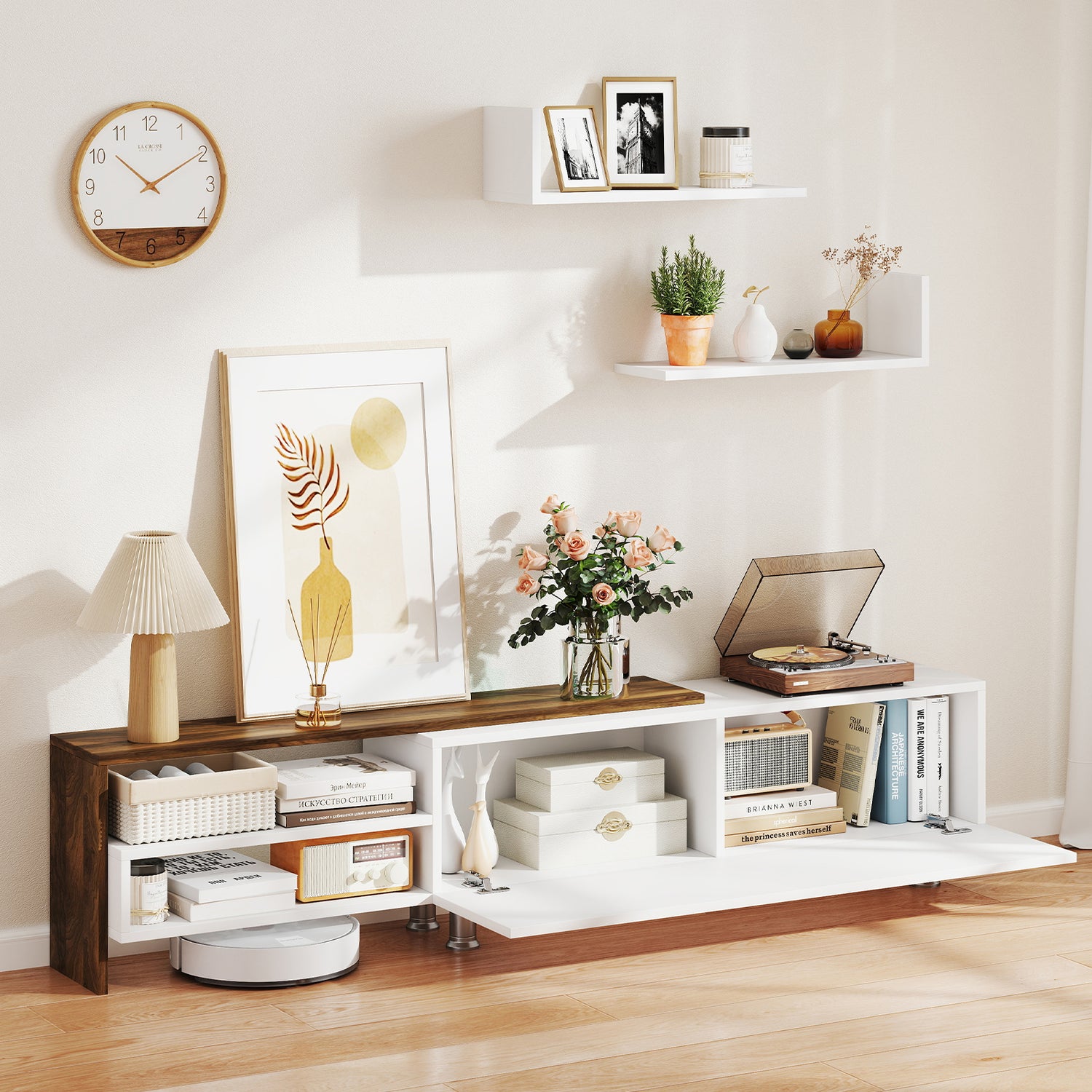 3 Pieces Farmhouse TV Stand for TVs up to 80 Inch with Cabinet and Compartments-White