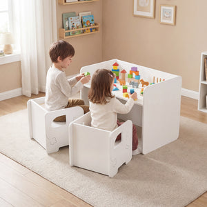 3 Pieces Kids Table and Chair Set with Space-saving Toddler Table and 2 Chairs-White