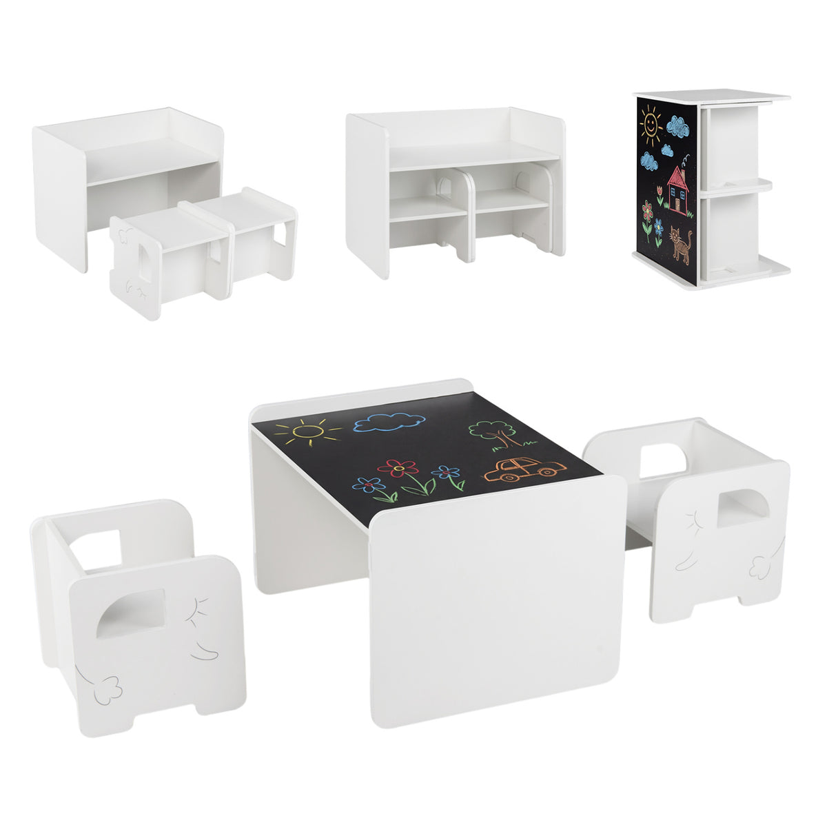 3 Pieces Kids Table and Chair Set with Space-saving Toddler Table and 2 Chairs-White