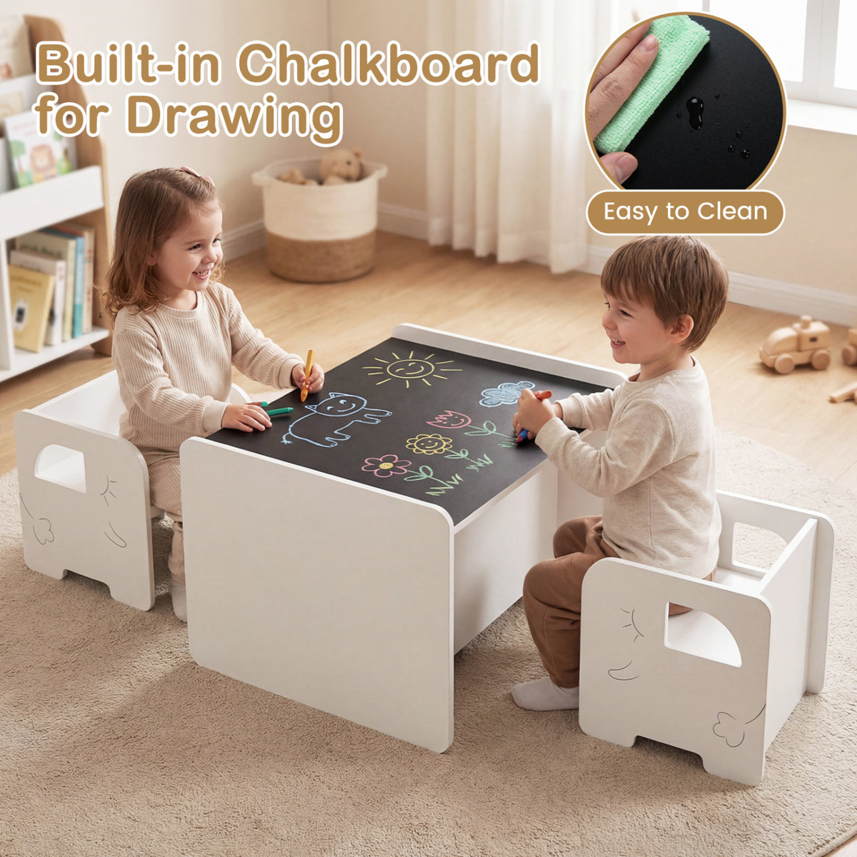 3 Pieces Kids Table and Chair Set with Space-saving Toddler Table and 2 Chairs-White