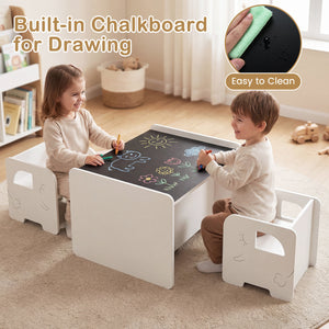 3 Pieces Kids Table and Chair Set with Space-saving Toddler Table and 2 Chairs-White