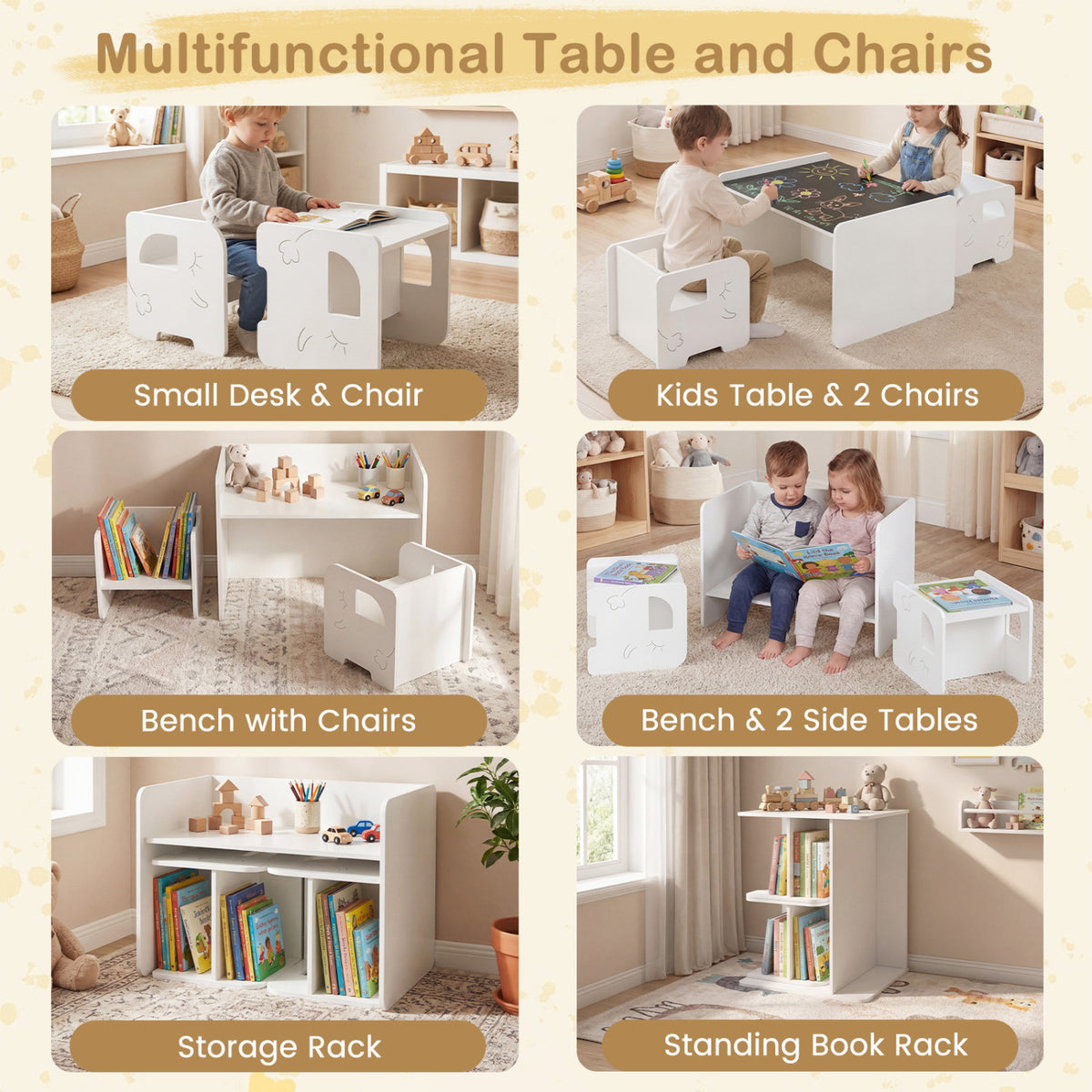 3 Pieces Kids Table and Chair Set with Space-saving Toddler Table and 2 Chairs-White