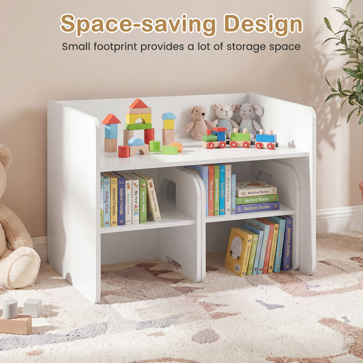 3 Pieces Kids Table and Chair Set with Space-saving Toddler Table and 2 Chairs-White