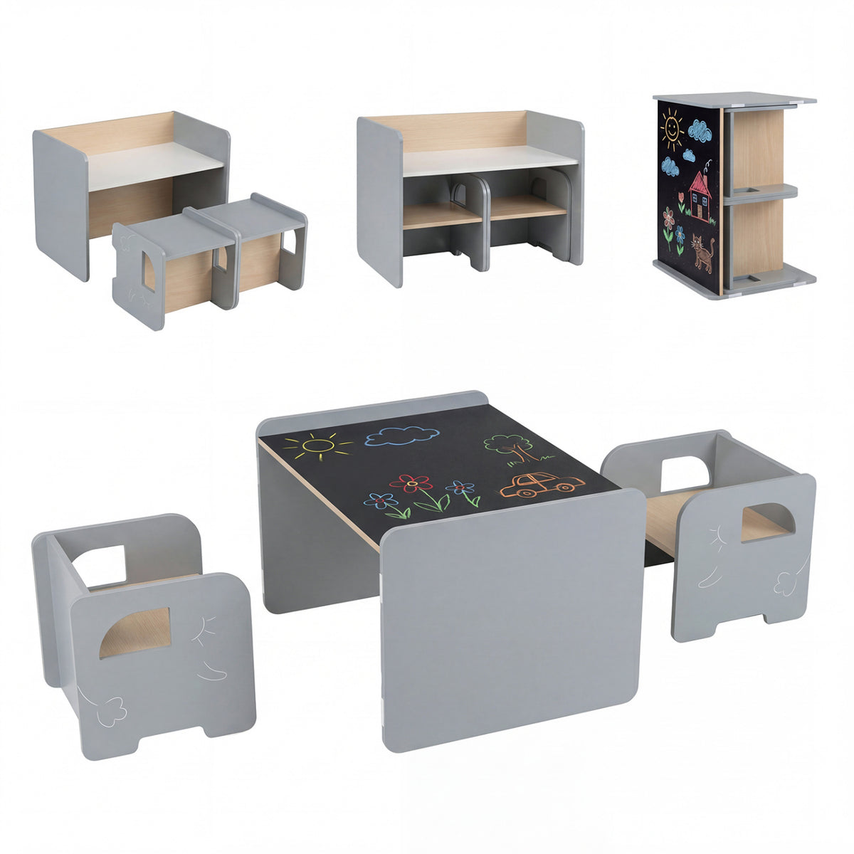 3 Pieces Kids Table and Chair Set with Space-saving Toddler Table and 2 Chairs-Gray
