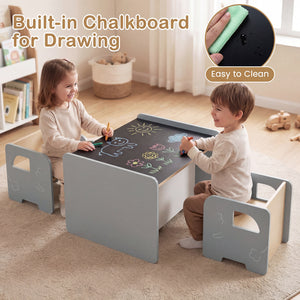3 Pieces Kids Table and Chair Set with Space-saving Toddler Table and 2 Chairs-Gray