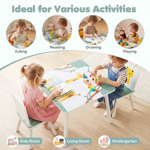 3 Pieces Kids Table and Chairs Set with Animal Patterns for Aged 3-6 Years Old