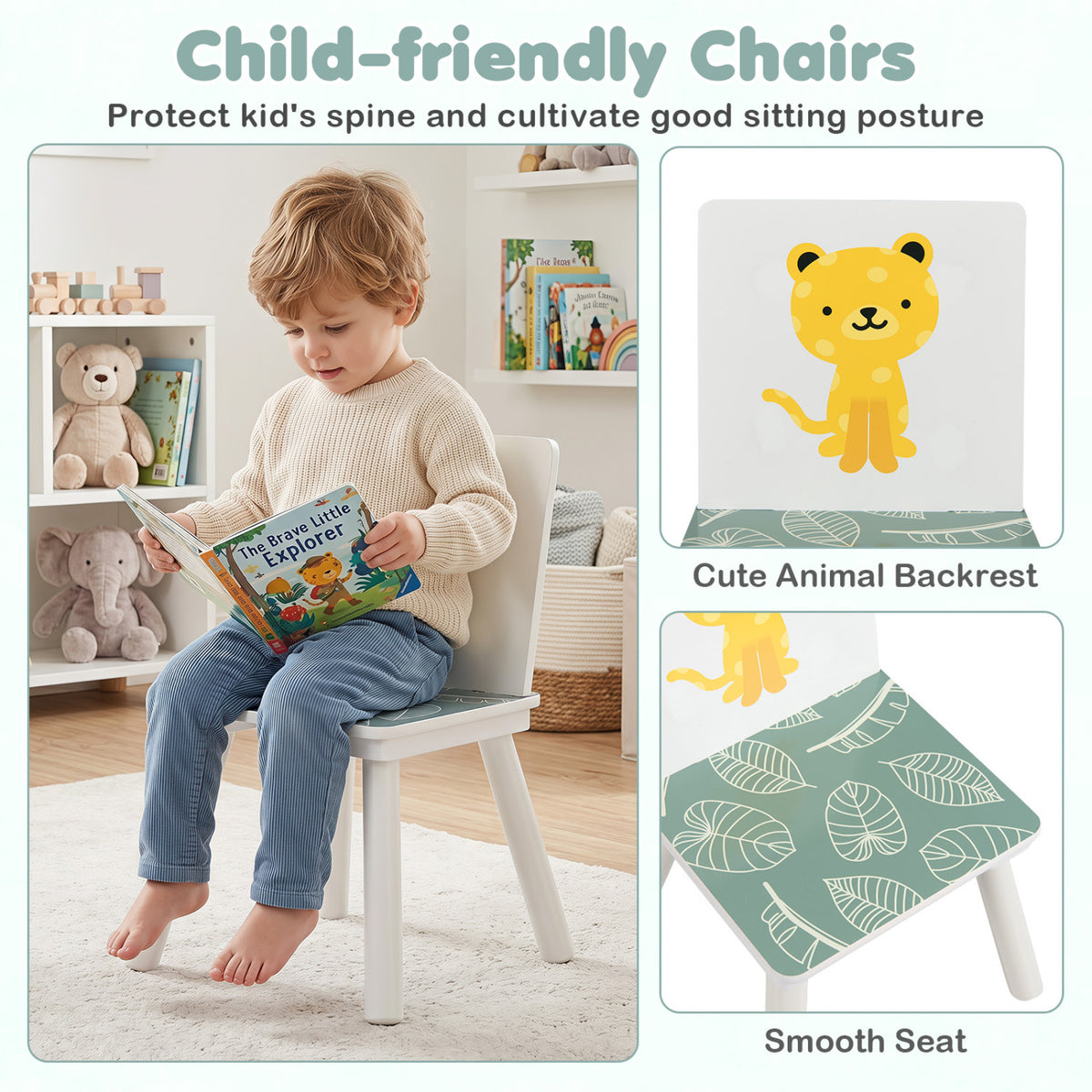 3 Pieces Kids Table and Chairs Set with Animal Patterns for Aged 3-6 Years Old