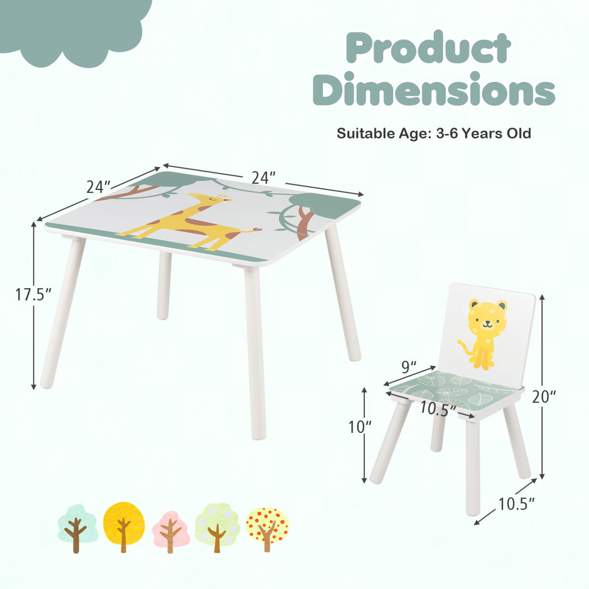 3 Pieces Kids Table and Chairs Set with Animal Patterns for Aged 3-6 Years Old