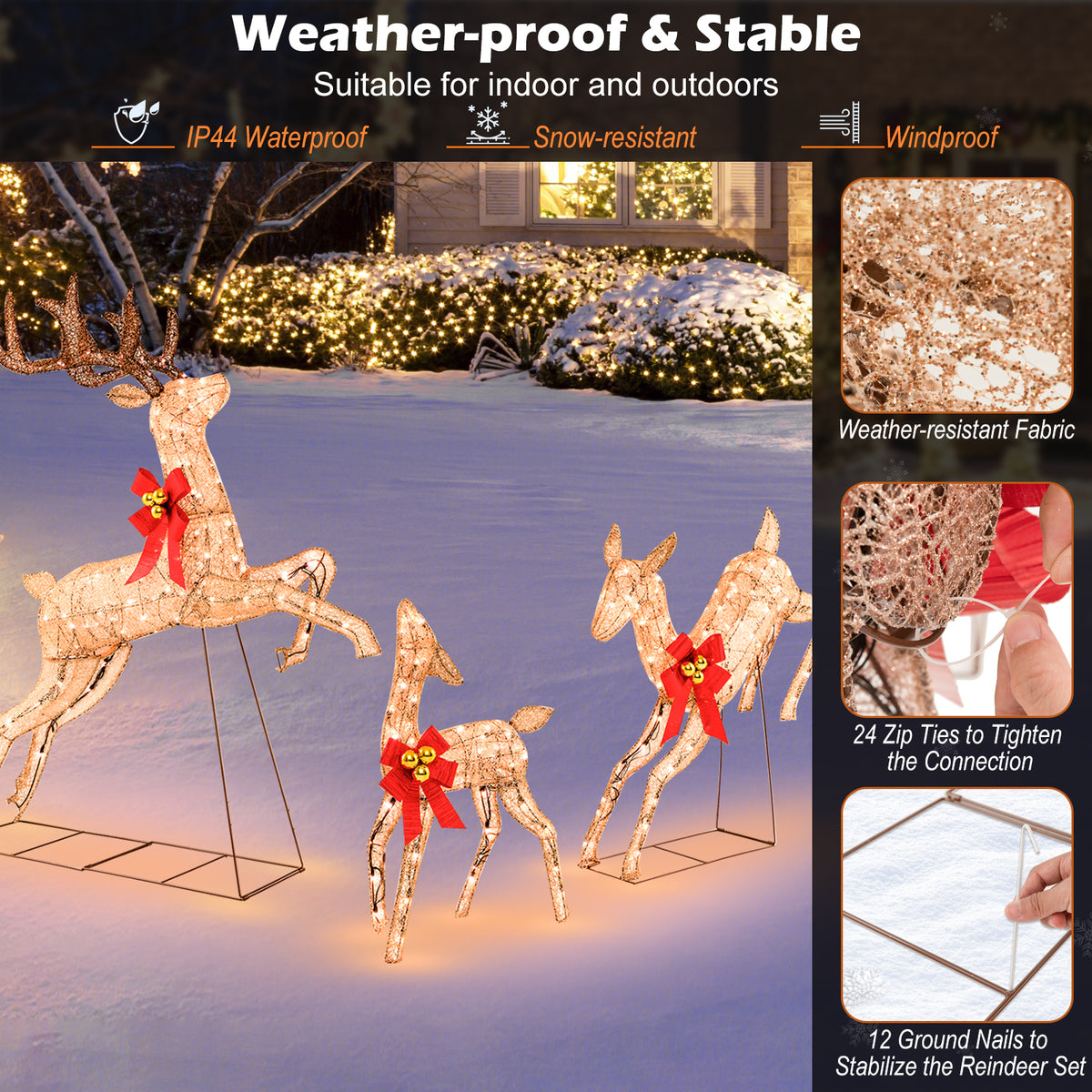 3 Pieces Lighted Christmas Reindeer Family Set with 255 Lights-Golden