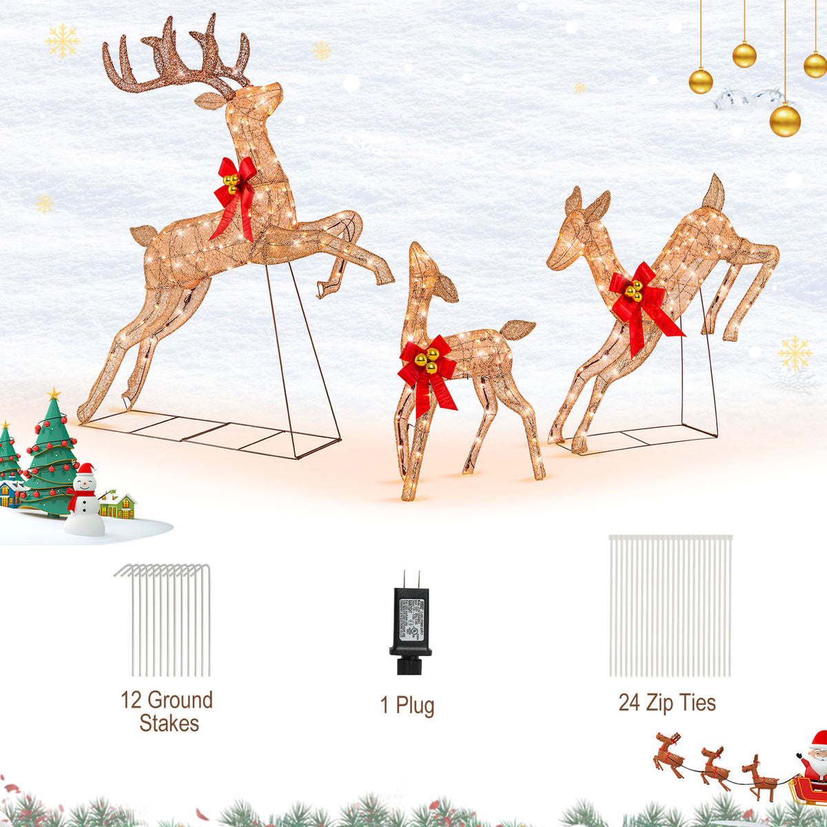 3 Pieces Lighted Christmas Reindeer Family Set with 255 Lights-Golden